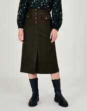 Button Detailing Suedette Skirt , Green (KHAKI), large