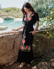 Piti Cuiti Flutter Floral Embroidered Maxi Dress, Black (BLACK), large