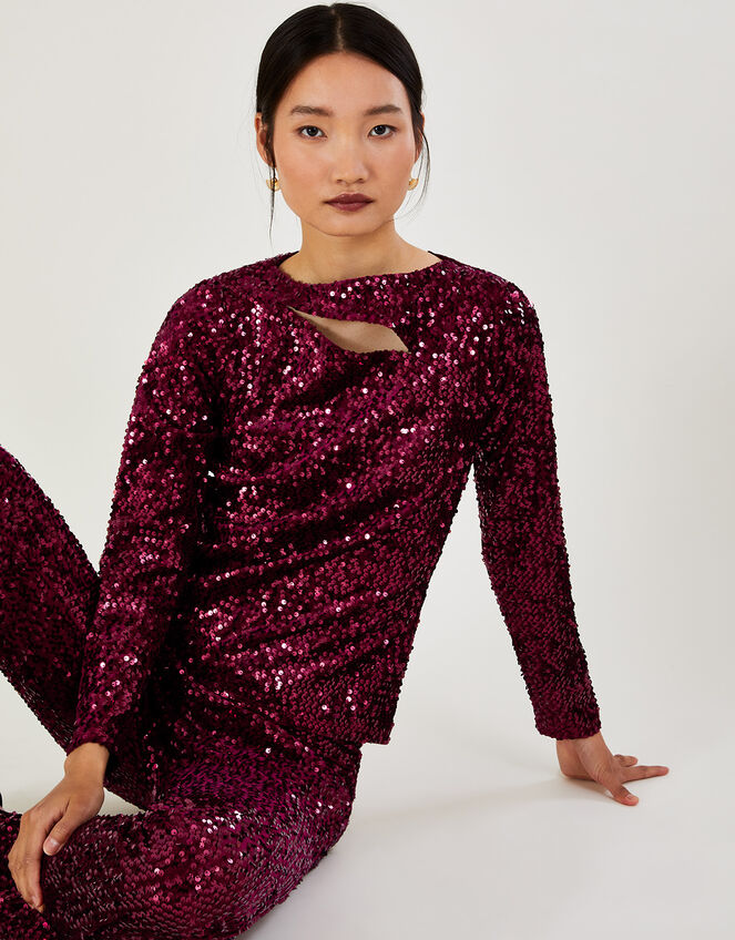 Daisy Velvet Sequin Top, Red (BURGUNDY), large