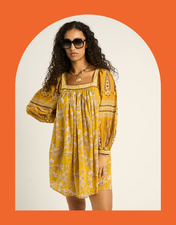 Petite Mendigote Rabea Square Neck Paisley Mini Dress, Yellow (YELLOW), large
