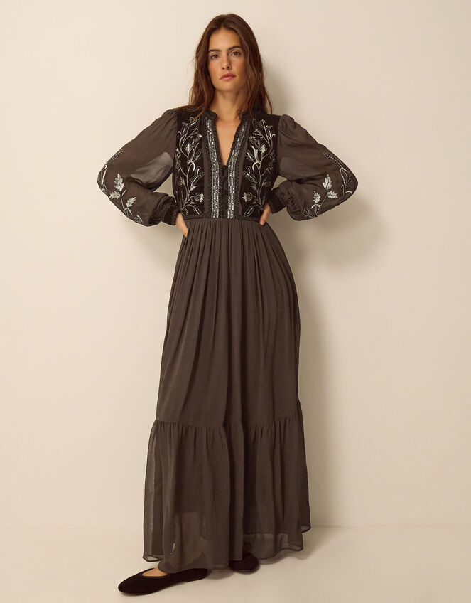 Josephine Long Sleeve Floral Embellished Maxi Dress, Brown (CHOCOLATE), large