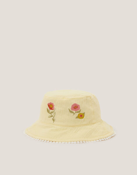 Baby Floral Embroidered Bucket Hat, Yellow (LEMON), large