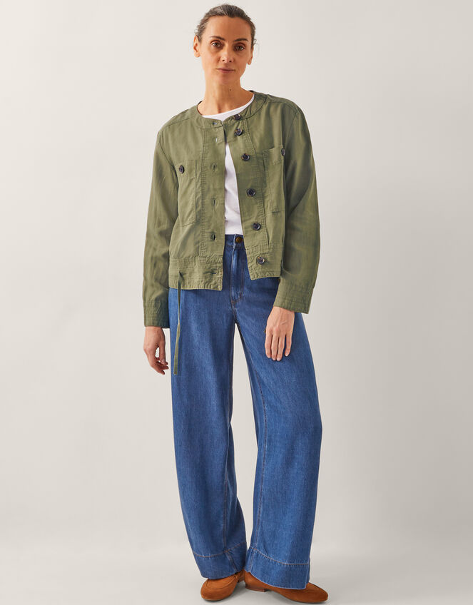 Cally Linen Blend Cropped Bomber Jacket, Green (KHAKI), large