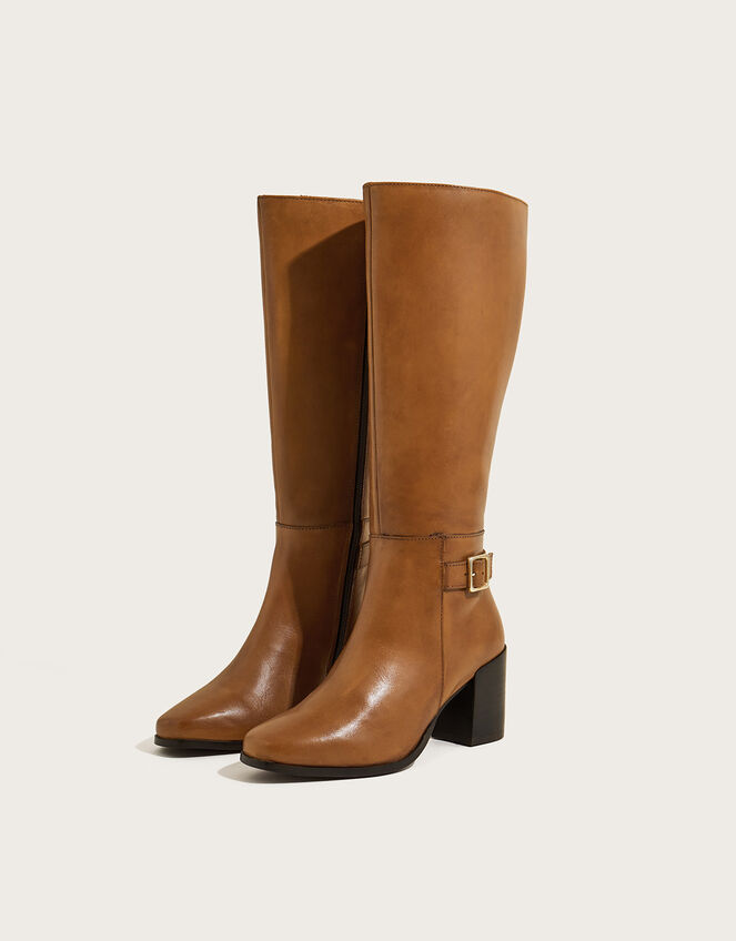 70s Long Leather Heeled Boots, Tan (TAN), large