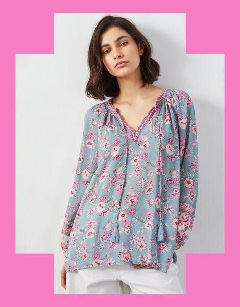 East Clementine Embroidered Floral Blouse, Green (MINT), large