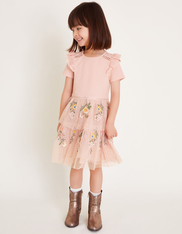 Short Sleeve Floral Embroidered Tulle Dress, Pink (PINK), large