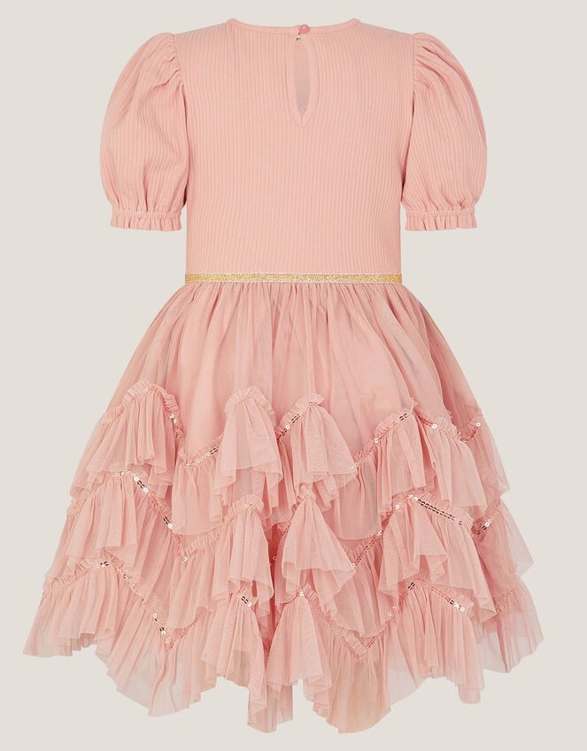 Bow Puff Sleeve Ruffle Dress, Pink (PINK), large