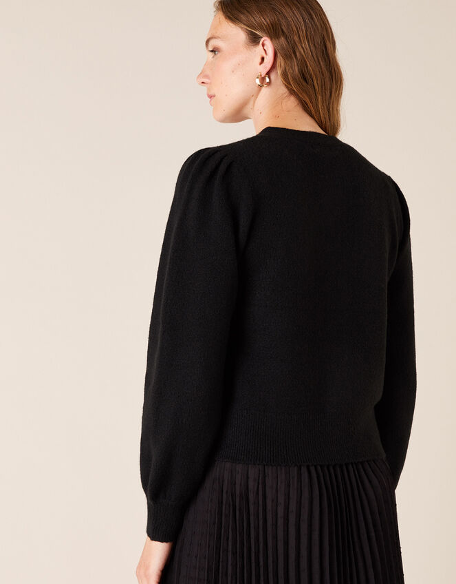 Blouson Sleeve Cardigan with Recycled Fabric, Black (BLACK), large