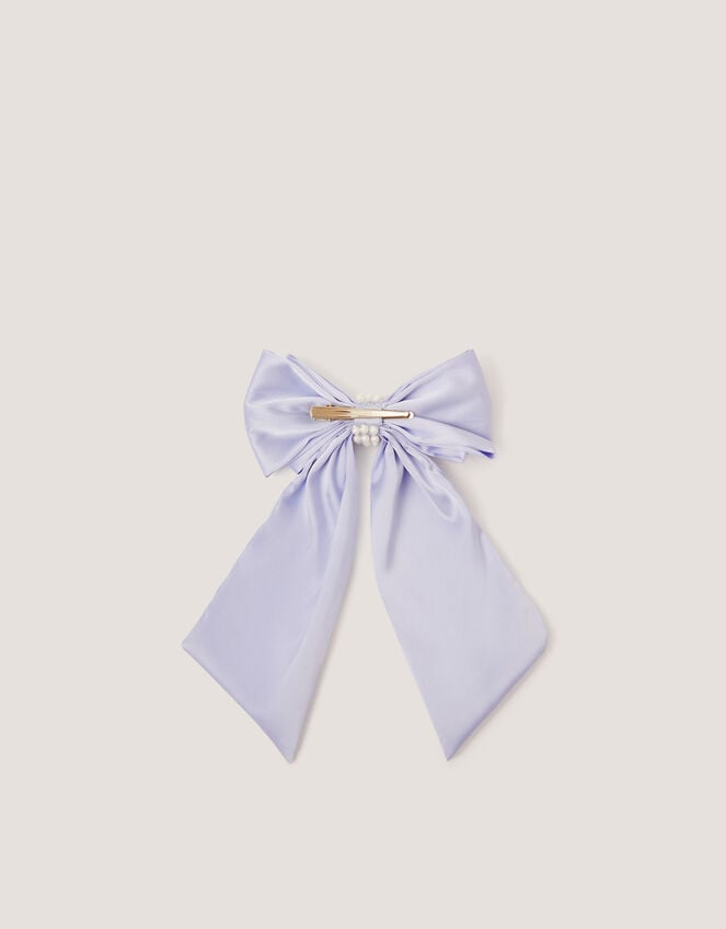 Long Pearl Satin Bow Hair Clip, Blue (PALE BLUE), large