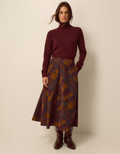 Melinda Check Print Corduroy Midi Skirt, Brown (BROWN), large