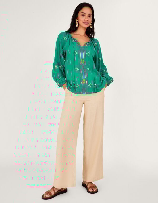 Embroidered Tie Neck Top, Green (GREEN), large