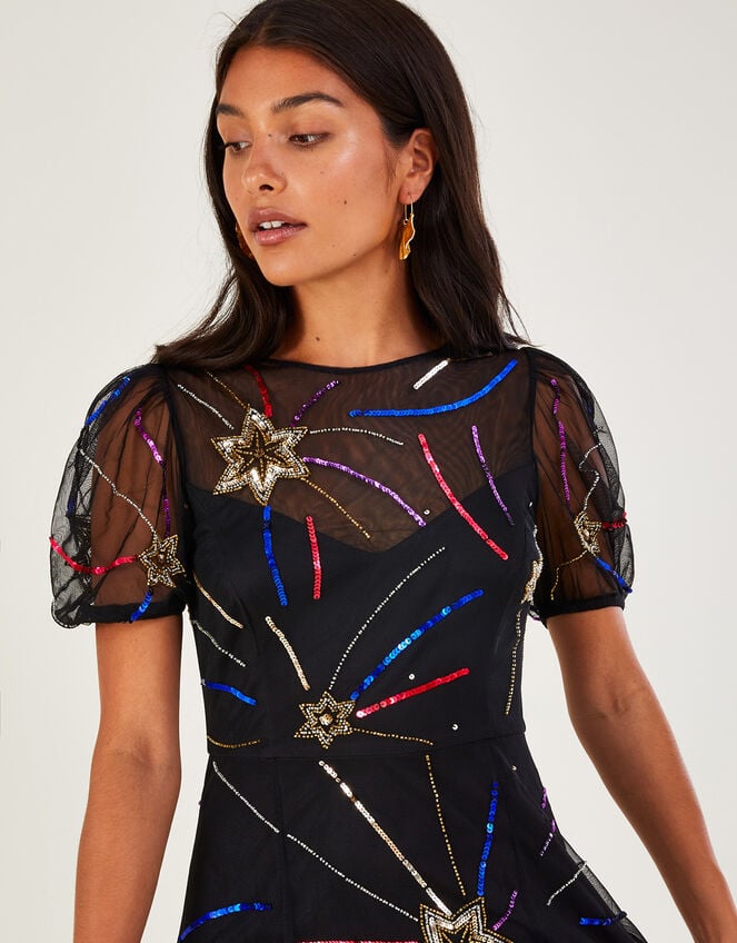 Zoey Embellished Star Midi Dress in Recycled Polyester, Black (BLACK), large