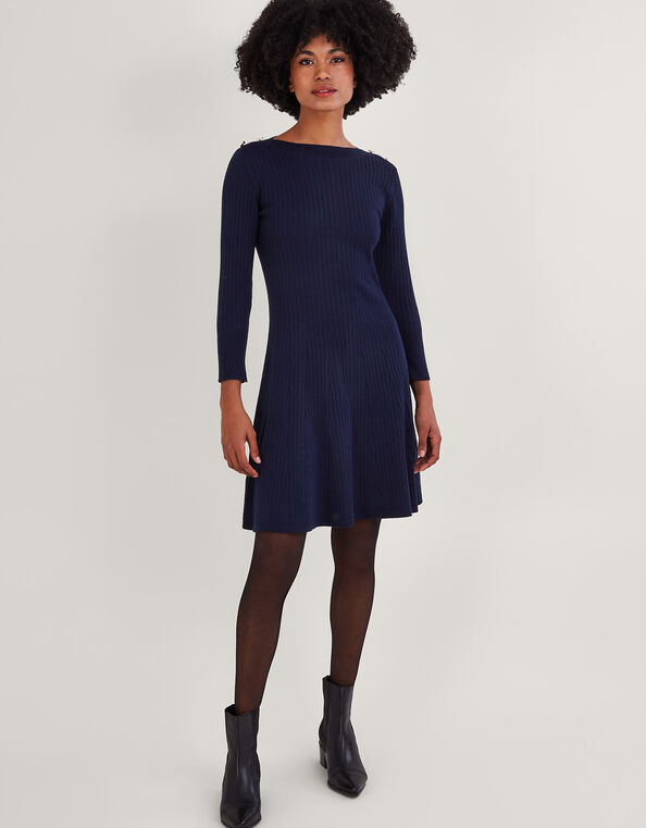 Button Detail Ribbed Fit and Flare Dress with Recycled Polyester, Blue (NAVY), large