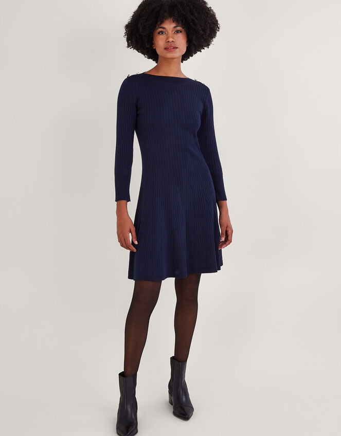 Button Detail Ribbed Fit and Flare Dress with Recycled Polyester, Blue (NAVY), large