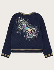 Quilted Unicorn Back Bomber Jacker, Blue (NAVY), large