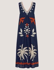 Eloise Tropical Embroidered Midi Dress, Blue (NAVY), large