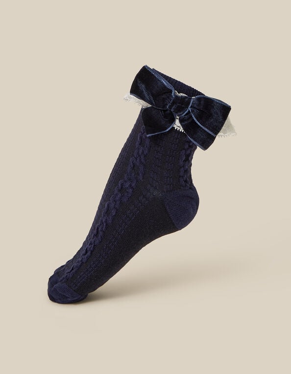 Velvet Bow Lace Frilly Socks, Blue (NAVY), large