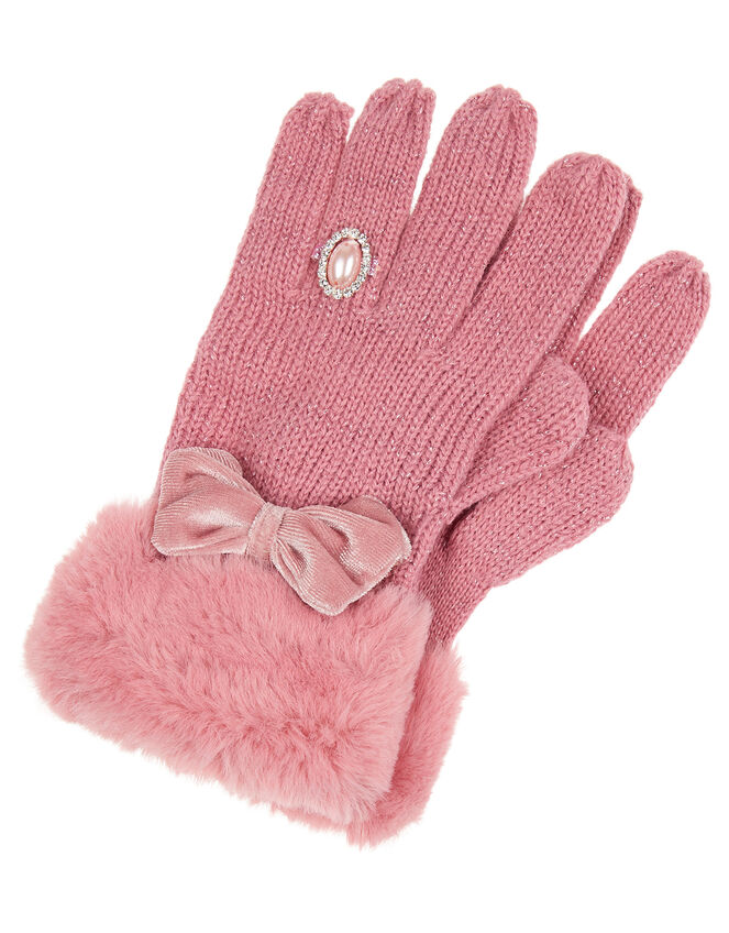 Bow Diamond Ring Knit Gloves, Pink (PINK), large