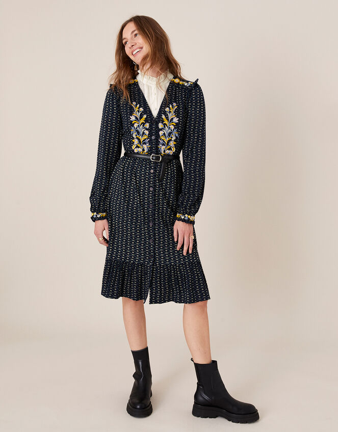 Ginny Geo Print Embroidered Midi Dress, Blue (NAVY), large