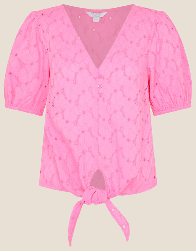 Tie Front Broderie Top, Pink (PINK), large