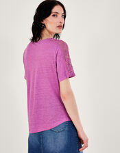 Button Through Lace Linen T-Shirt, Purple (PURPLE), large