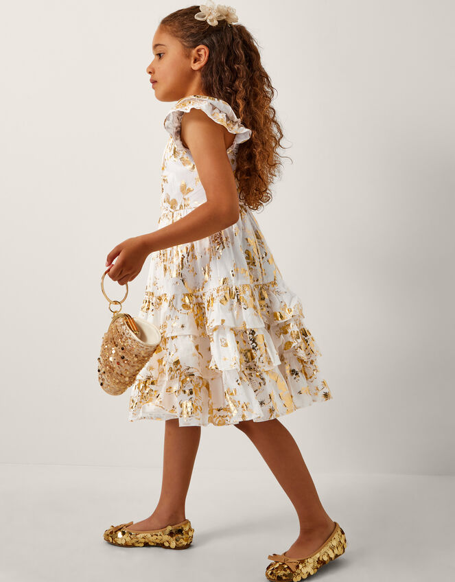 Foil Floral Print Tiered Dress, Ivory (IVORY), large