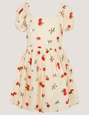 Puff Sleeve Floral Embroidered Dress, Ivory (IVORY), large