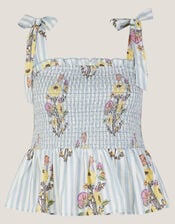 Lucille Floral Stripe Smocked Top, Blue (BLUE), large