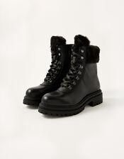 Faux Fur Trim Biker Boots, Black (BLACK), large