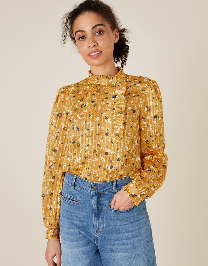 Ditsy Floral Frill Blouse, Yellow (OCHRE), large
