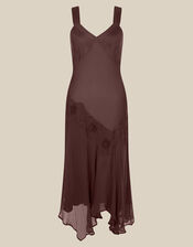 Ruby Sleeveless Asymmetrical Floral Embroidered Midi Dress, Brown (CHOCOLATE), large