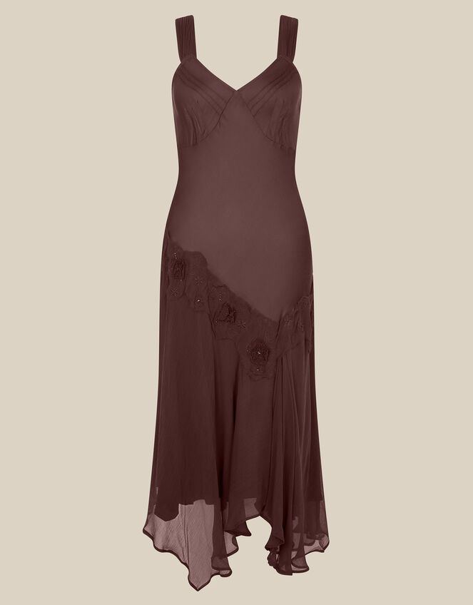 Ruby Sleeveless Asymmetrical Floral Embroidered Midi Dress, Brown (CHOCOLATE), large