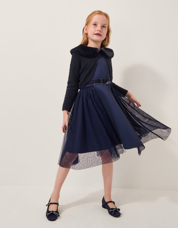 Faux Fur Collar Cardigan, Blue (NAVY), large