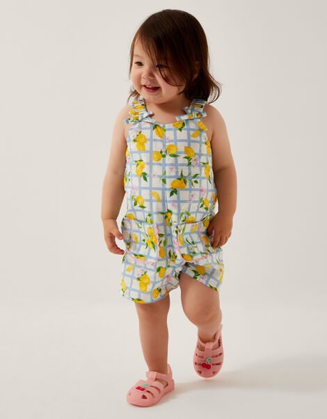Baby Lemon Tile Print Romper, Blue (BLUE), large