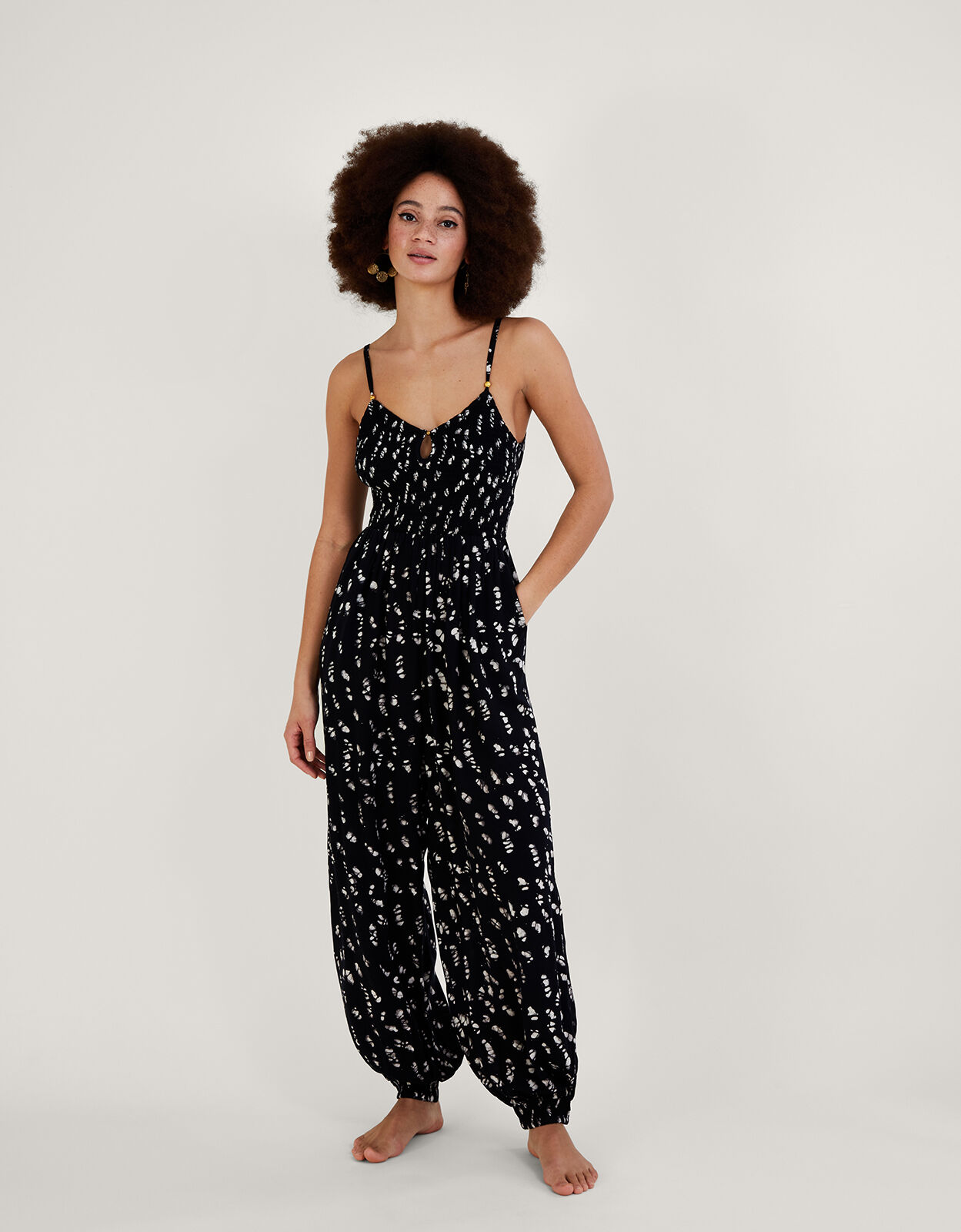 Batik Print Shirred Jumpsuit LENZING ECOVERO Black