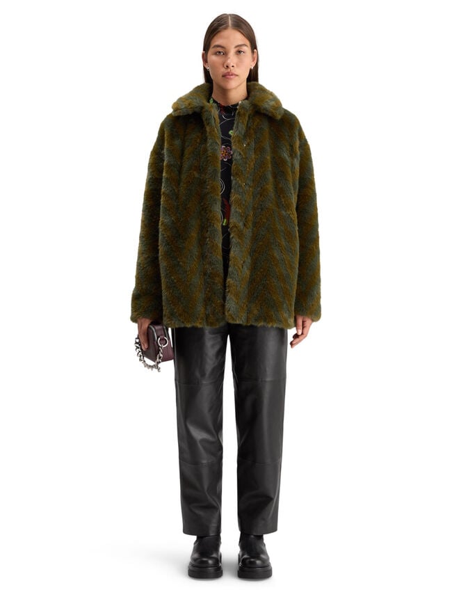 Scotch and Soda A-Line Chevron Faux Fur Coat, Green (OLIVE), large