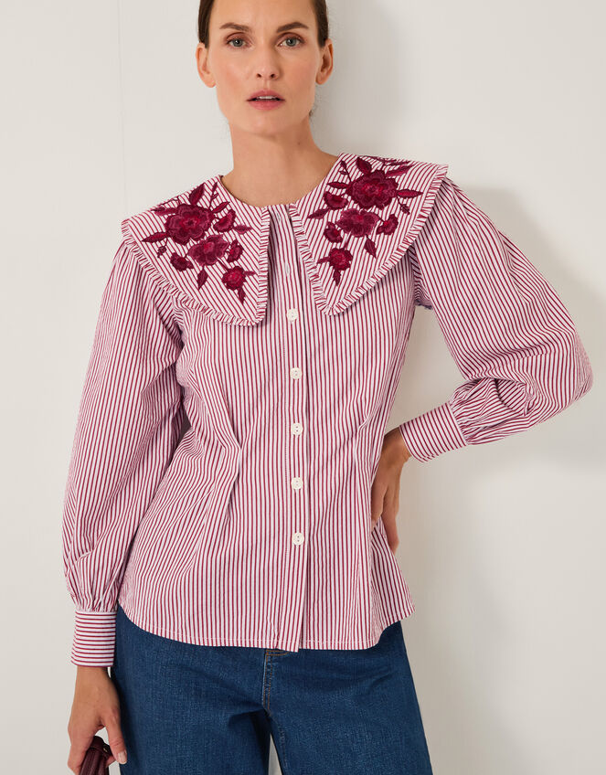 Marta Floral Embroidered Stripe Shirt, Red (CHERRY), large