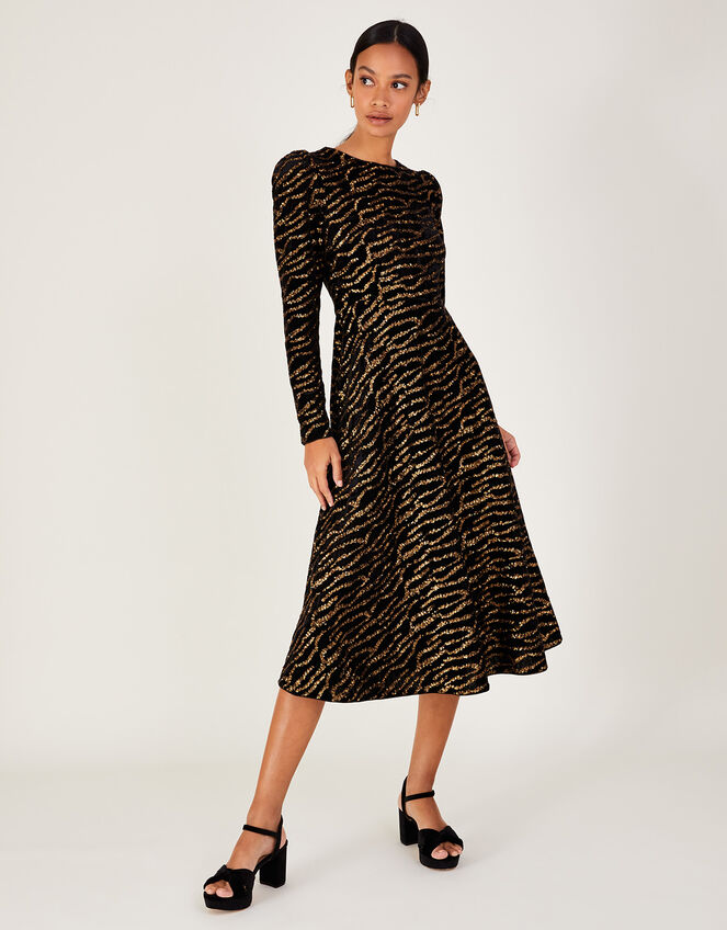 Shelby Animal Velvet Midi Dress, Black (BLACK), large