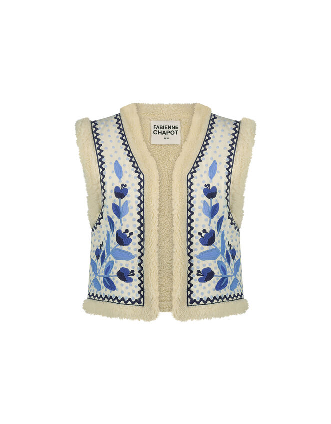 Fabienne Chapot Embroidered Borg Gilet, Blue (CORNFLOWER), large