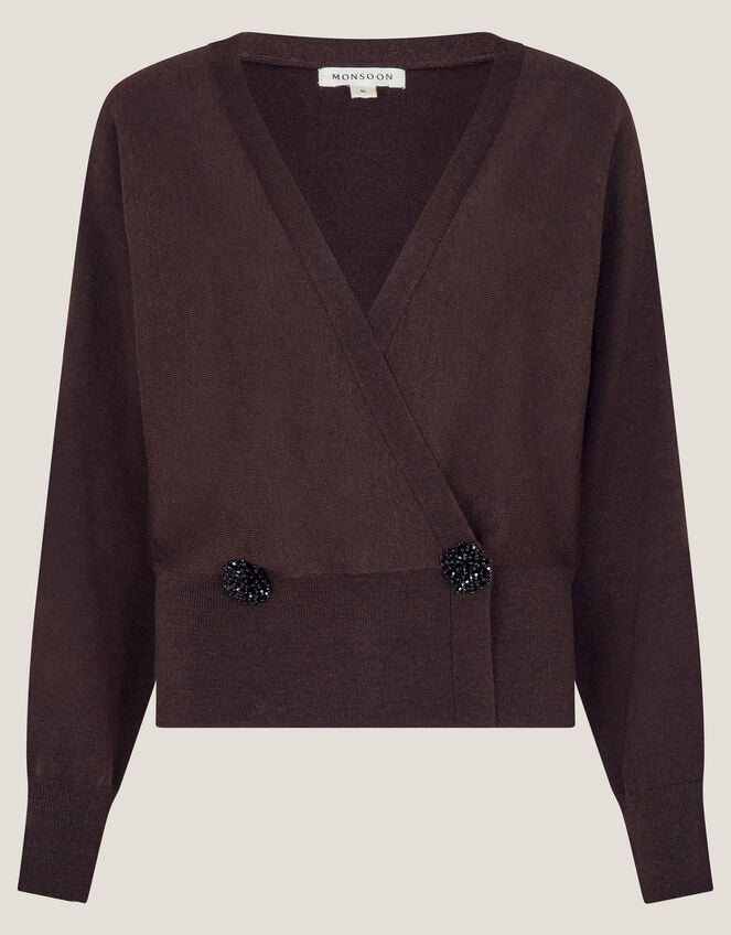 Thea Embellished Wrap Jumper, Brown (CHOCOLATE), large