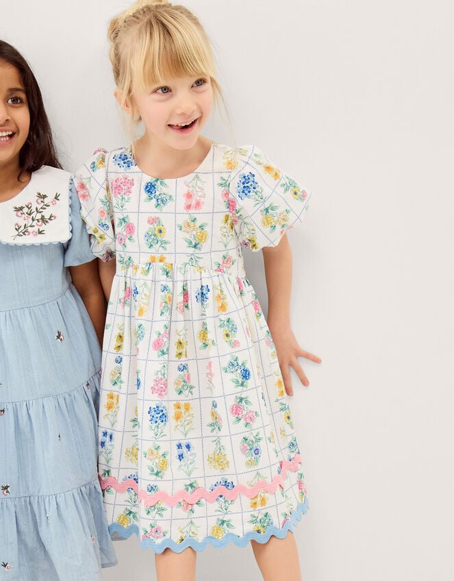 Bonnie Puff Sleeve Checkerboard Floral Dress, Ivory (IVORY), large