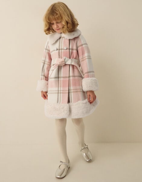 Aurora Check Print Faux Fur Coat, Pink (PINK), large