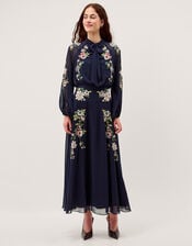 Annika Floral Embroidered Chiffon Midi Dress, Blue (NAVY), large