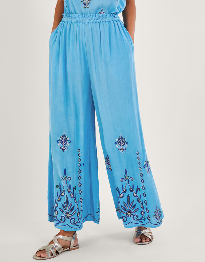 Embroidered Wide Leg Trousers, Blue (BLUE), large