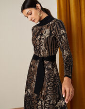 Mixed Print Jacquard Dress, Black (BLACK), large