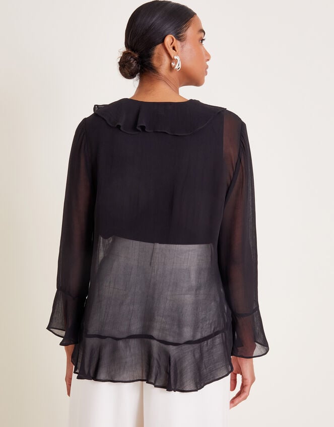 Fiona Sheer Frill Tie-Front Blouse, Black (BLACK), large