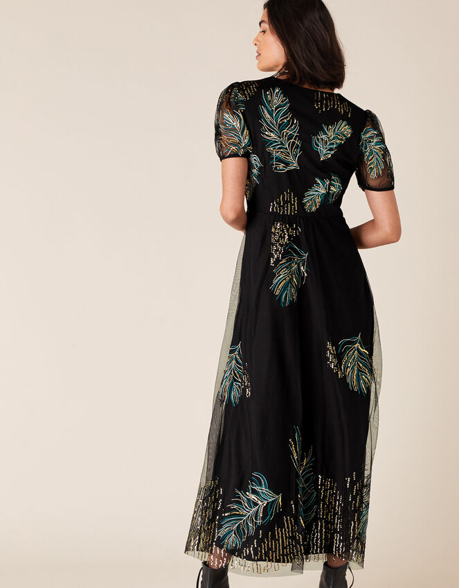 Gardenia Feather Embellished Tea Dress, Black (BLACK), large