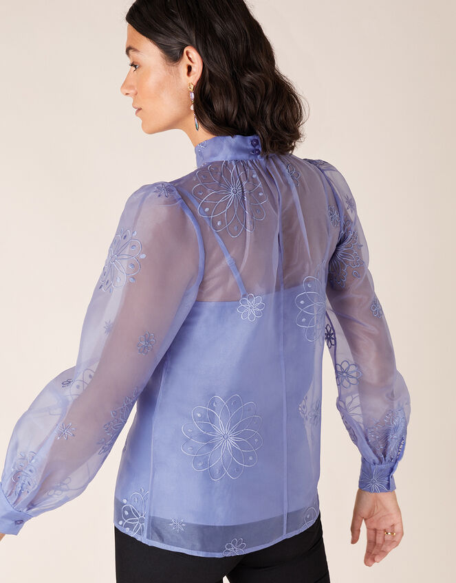 Aubree Floral Embroidery Organza Blouse, Blue (BLUE), large