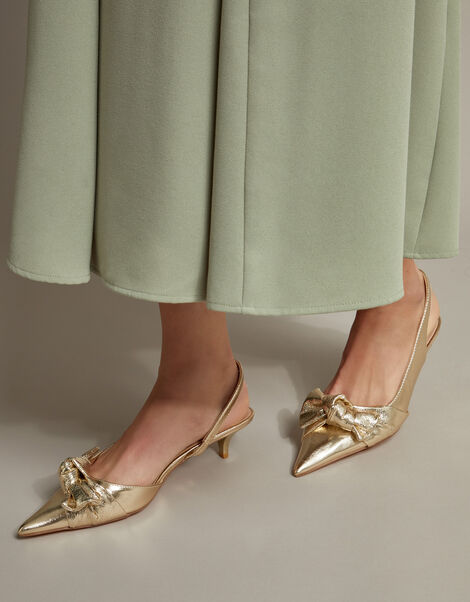 Bronte Metallic Bow Slingback Kitten Heels, Gold (GOLD), large