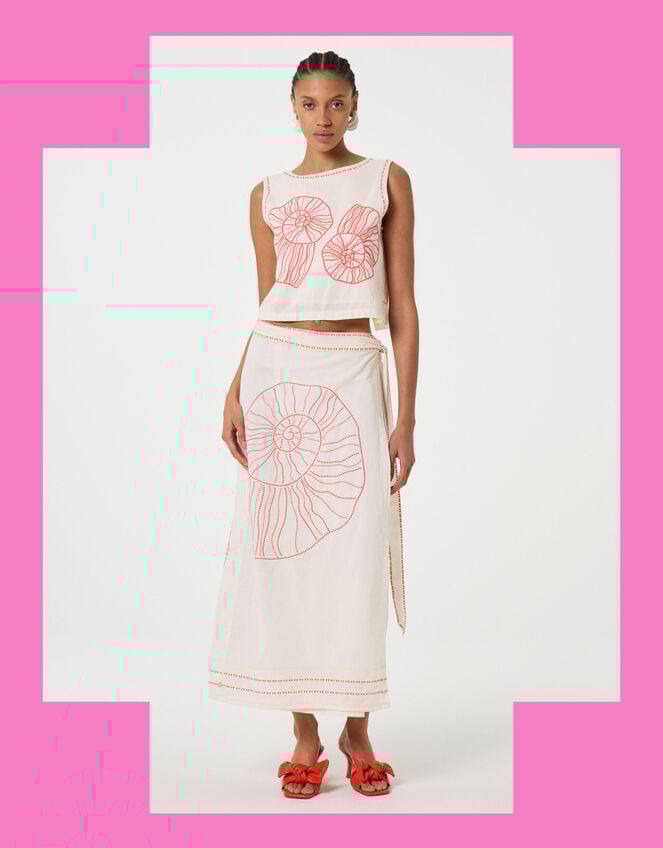 Fabienne Chapot Sine Shell Embroidered Wrap Skirt, Ivory (IVORY), large